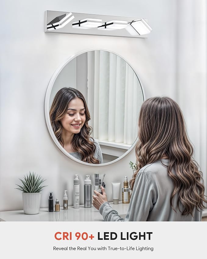 VONLUCE LED Modern Bathroom Vanity Light Fixture, Chrome | 26'', 4-Light, 3CCT, 360° Rotate, High CRI, Flicker-free, Dimmable, Memory Function, Waterproof IP44, Easy Installation