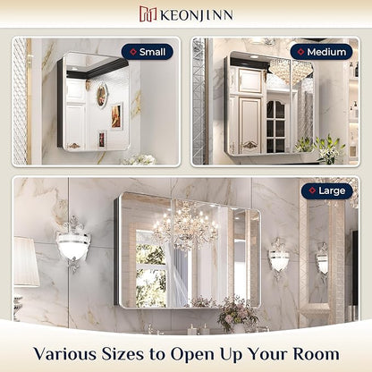 Keonjinn 60 x 32 Inch Large Chrome Medicine Cabinets, Recessed Bathroom Medicine Cabinet, Elegant Stainless Steel Framed, Sturdy & Heavy, Stepless Adjustable Shelves, DTC Hinges, Soft Closing, Modern