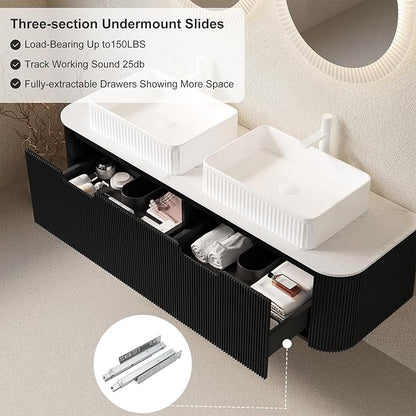 60" Floating Bathroom Vanity with Double Sink, Modern Bathroom Vanities with Marble Countertop and White Rectangular Ceramic Sink, Soft-Close Design, Natural Solid Wood Cabinet, Pre-Assembled, Black