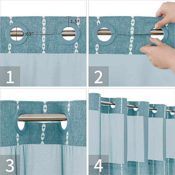eachope Long No Hook Shower Curtain with Snap-in Fabric Liner,71x80,Teal | 330GSM Thick Linen Textured Striped,Boho Farmhouse Rustic Luxury Bathroom Curtain with Tassels,Mesh Window,Water-Repellent