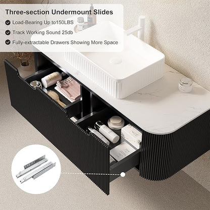 48 inch Floating Bathroom Vanity with Sink, Modern Bathroom Vanities with White Rectangular Ceramic Basin and Marble Top, 2 Large Soft-Closing Storage Drawers, Pre-Assembled Cabinet, Gloss Black