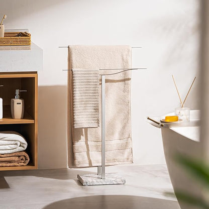 Bathroom Towel Rack Freestanding Floor Stand: Brushed 33in 2‑Bar Weighted Marble Base Towel Holder, Rustproof 304 Stainless Steel Drying Rack for Bath&Hand Towels, No‑Drill Slim Organizer, Spa Pool