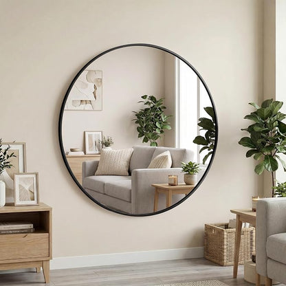 OLIXIS 28 Inch Round Wall Mirror, Circle Mirror, Bathroom | Tempered Glass Shatterproof Crystal-Clear, Over Sink Entryway, Bedroom Vanity Hang, Black