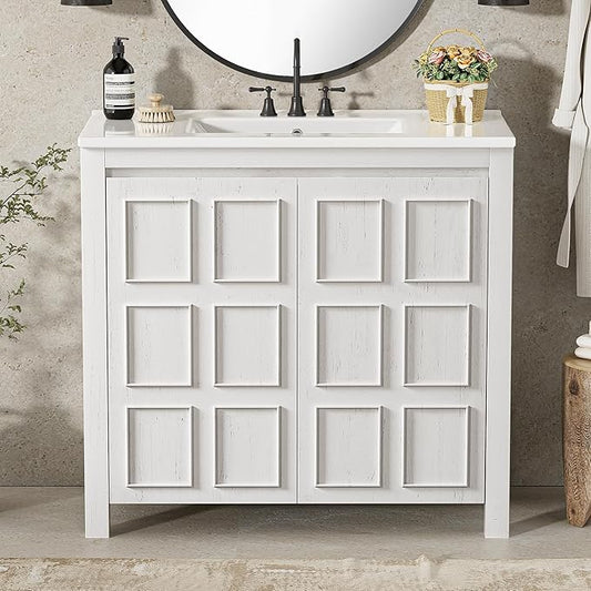 36" Bathroom Vanity,Farmhouse Vanity with Ceramic Sink, Set Bathroom Storage Cabinet, Antique White