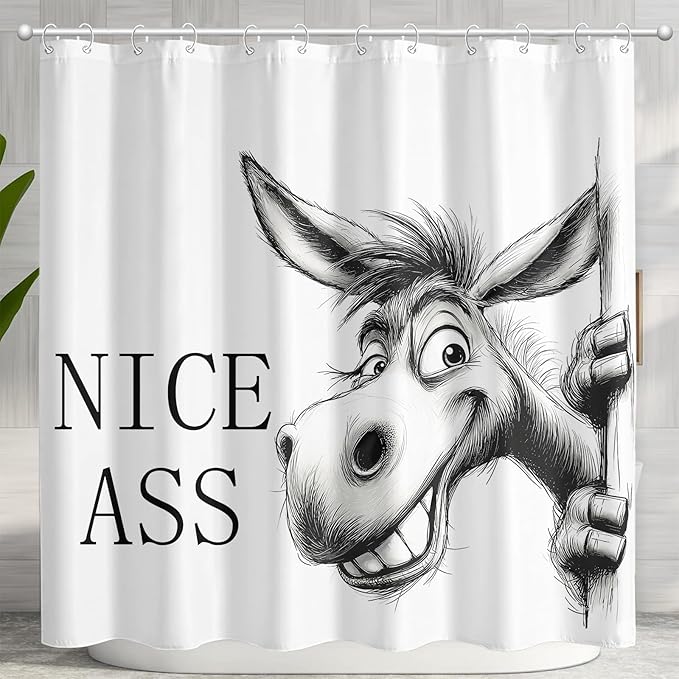 Funny Donkey Shower Curtain Rustic Farmhouse Shower Curtains for Bathroom Black and White Grin Donkey Fun Cute Animal Wildlife Waterproof Fabric Bath Curtain Decor 72 X 72 Inch