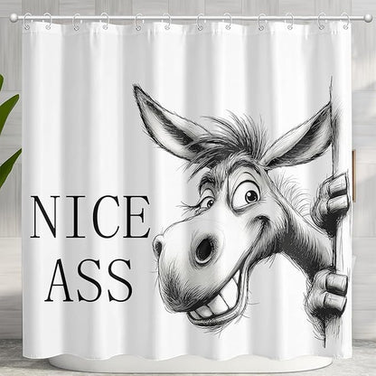 Funny Donkey Shower Curtain Rustic Farmhouse Shower Curtains for Bathroom Black and White Grin Donkey Fun Cute Animal Wildlife Waterproof Fabric Bath Curtain Decor 72 X 72 Inch