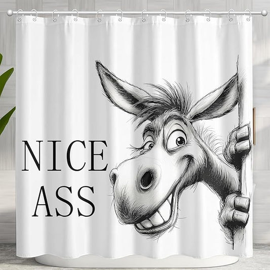 Funny Donkey Shower Curtain Rustic Farmhouse Shower Curtains for Bathroom Black and White Grin Donkey Fun Cute Animal Wildlife Waterproof Fabric Bath Curtain Decor 72 X 72 Inch
