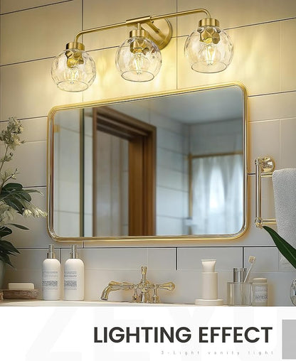 zeyu Brushed Gold 23-Inch 3-Light Bathroom Vanity Lighting, ZS62BG-3W BG-WG | Bathroom Wall Light Fixtures, 3 E26 Bulbs Up To 60W Each, Up/Down Mount, Water Ripple Globe Glass, For Bathroom Mirror