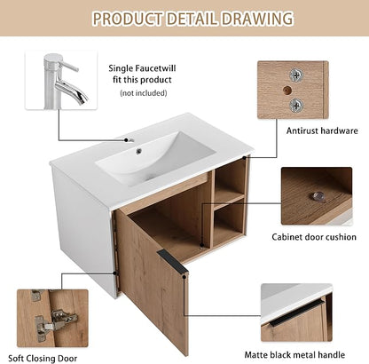 30 Inch Bathroom Vanity with Sink, 30" Floating Vanity, Plywood Wooden Bathroom Cabinet with Soft Close Door and Ceramic Sink, Open Shelf for Quick Access, Modern Wall Mounted Cabinet Set