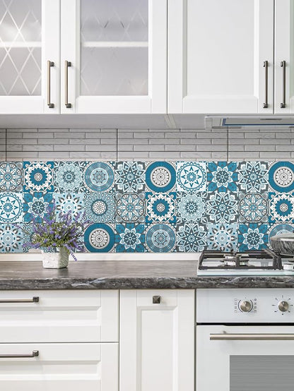 Peel Stick Vinyl Moroccan wall Tile Decals 6x6in Stick on backsplash,24Pc | Waterproof&heat resistant tile stickers for kitchen RV laundry backsplash decor,remove no damaging,cyan mandala pattern