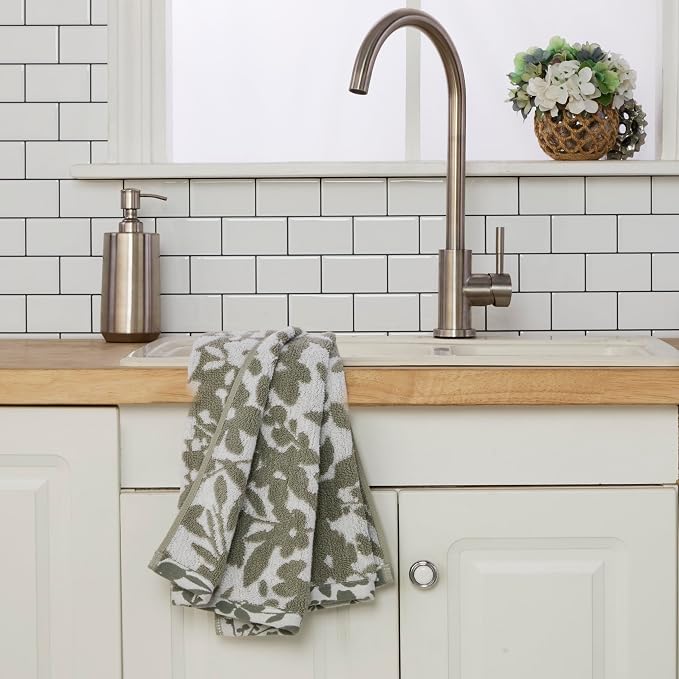 SKL Home CloudSoft/Bedford Floral Bath Towel Set-4pc, 100% Cotton, Sage | 2 Bath towels, 2 hand towels. 600 GSM weight. Spa-level quality. Soft & absorbent, reversible jacquard.