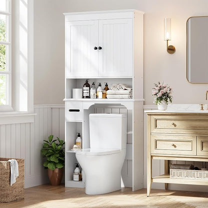 GarveeHome Over the Toilet Cabinet, Double Door Bathroom Storage Organizer, Toilet Rack with Open Storage Shelf, FreeStanding Toilet Shelf Space Saver, for Bathroom, Restroom, Laundry