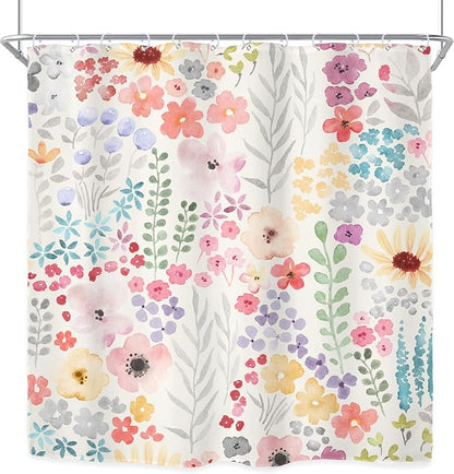 Colorful Cute Floral Watercolor Flower Plants Bathroom Shower Curtain Set | 60"W x 72"H Botanical Kids; waterproof HD print, quick-dry fabric with 12 hooks for easy hanging.