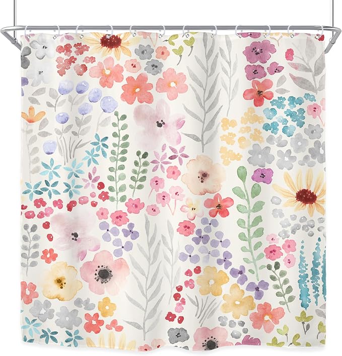 Extra Long Boho Wildflower Watercolor Plant Art Bathroom Shower Curtain Set | 72"W x 84"H Leaves Botanical; waterproof HD print, quick-dry fabric with 12 hooks for easy hanging.