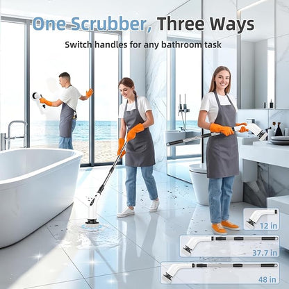 Electric Spin Scrubber, 3-Speed Flat End Brush with 8 Brush Heads & Base, IPX7 Waterproof, Adjustable Long Handle, Digital Display, 2500mAh Fast Charging, for Bathroom, Tub, Tile, Floor
