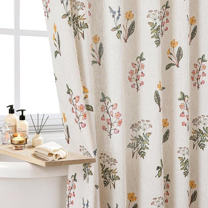 Colorful Star French Country Floral Linen Shower Curtain, 72" W x 78" L | Waterproof Shower Curtain Set with 12 Clear Hooks for Bathroom, Vintage Boho Farmhouse Linen Fabric Bathroom Curtains
