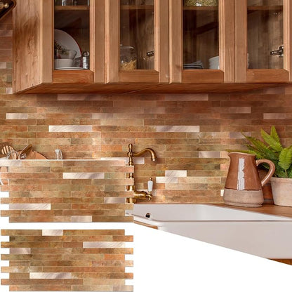 Yipscazo 40 Sheets PVC Wall Tiles Stick on Tiles for Backsplash Kitchen, Bathroom, Laundry Room, Camper, Fireplace (6'' X 12'', Copper Metal)