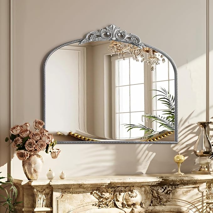 Micasso Vintage Silver Arched Mirror: 36"x29" Baroque Antique Wall Mirror | Traditional Ornate French Decorative Wall Mirror for Bedroom/Bathroom/Entryway/Hallway/Dresser/Vanity/Mantel/Nightstand