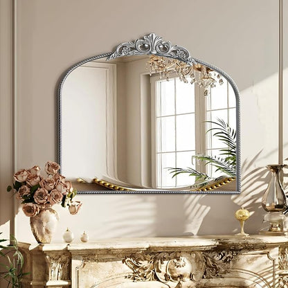 Micasso Vintage Silver Arched Mirror: 36"x29" Baroque Antique Wall Mirror | Traditional Ornate French Decorative Wall Mirror for Bedroom/Bathroom/Entryway/Hallway/Dresser/Vanity/Mantel/Nightstand