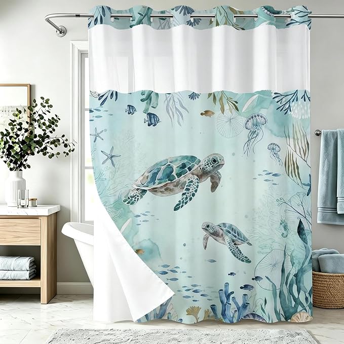 Modern Ocean Cute No Hook Shower Curtain Sea Turtle Luxury Nautical Coral | Animal No Hook Shower Curtain with Snap in Liner, Waterproof Ringless Shower Curtains for Bathroom 72x74 Inch Blue