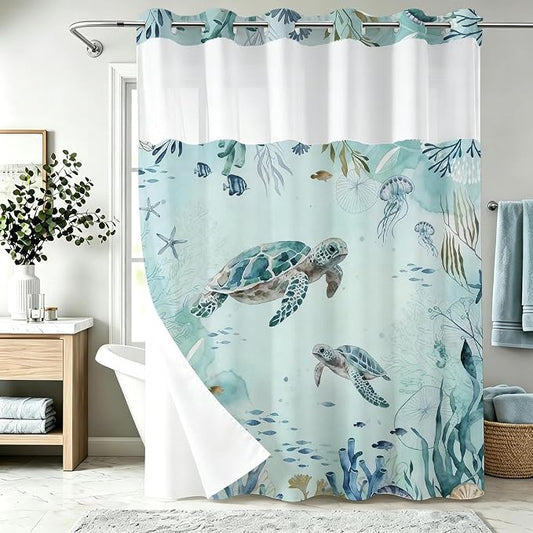 Modern Ocean Cute No Hook Shower Curtain Sea Turtle Luxury Nautical Coral | Animal No Hook Shower Curtain with Snap in Liner, Waterproof Ringless Shower Curtains for Bathroom 72x74 Inch Blue
