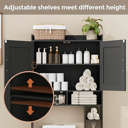Homhedy Over The Toilet Storage Cabinet with 2 Barn Door and Toilet Paper Holder Stand, FreeStanding Toilet Shelf Space Saver, for Bathroom, Restroom, Laundry, Black