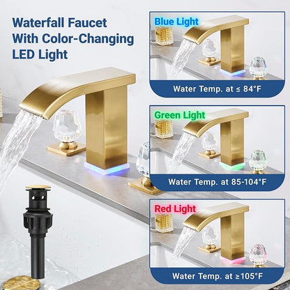 Brushed Gold Bathroom Faucet with LED Temperature Display & Waterfall Spout, 3 Hole Widespread Brass Faucet for Bathroom Sink, Modern 8 Inch Touch On 2 Handle Crystal Handle