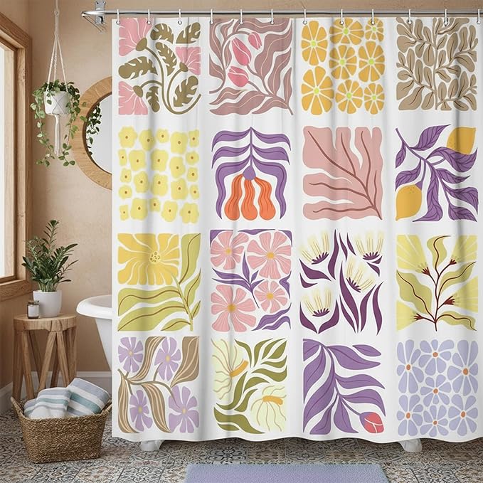 JAWO Cute Boho Floral Shower Curtain, Vintage Colorful Abstract Floral Retro Aesthetic Plant Shower Curtain for Bathroom, Funky Unique Purple Waterproof Fabric Polyester Bath Curtains Decor,70Wx78H