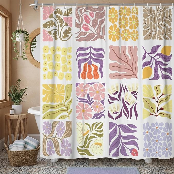 JAWO Cute Boho Floral Shower Curtain, Vintage Colorful Abstract Floral Retro Aesthetic Plant Shower Curtain for Bathroom, Funky Unique Purple Waterproof Fabric Polyester Bath Curtains Decor,48Wx70H