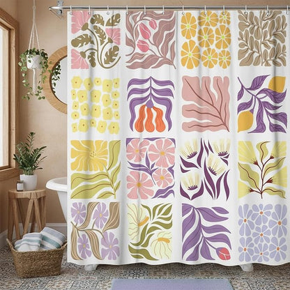 JAWO Cute Boho Floral Shower Curtain, Vintage Colorful Abstract Floral Retro Aesthetic Plant Shower Curtain for Bathroom, Funky Unique Purple Waterproof Fabric Polyester Bath Curtains Decor,48Wx70H