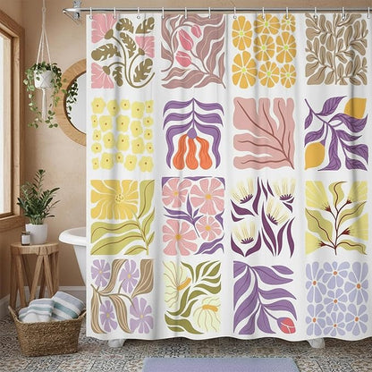 JAWO Cute Boho Floral Shower Curtain, Vintage Colorful Abstract Floral Retro Aesthetic Plant Shower Curtain for Bathroom, Funky Unique Purple Waterproof Fabric Polyester Bath Curtains Decor,60Wx70H