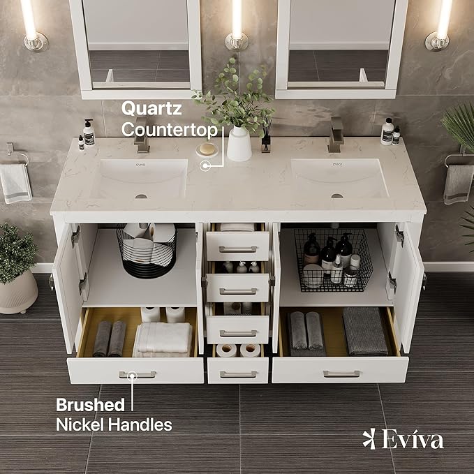 Eviva London 60 Inch Double Vanity Sink - White Double Vanity Sinks for Bathrooms, Bathroom Vanity 60 Inch Double Sink W Carrara Quartz Top & Porcelain Sinks, Bathroom Vanities W/Soft-Closing Drawers