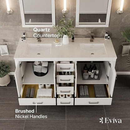 Eviva London 60 Inch Double Vanity Sink - White Double Vanity Sinks for Bathrooms, Bathroom Vanity 60 Inch Double Sink W Carrara Quartz Top & Porcelain Sinks, Bathroom Vanities W/Soft-Closing Drawers