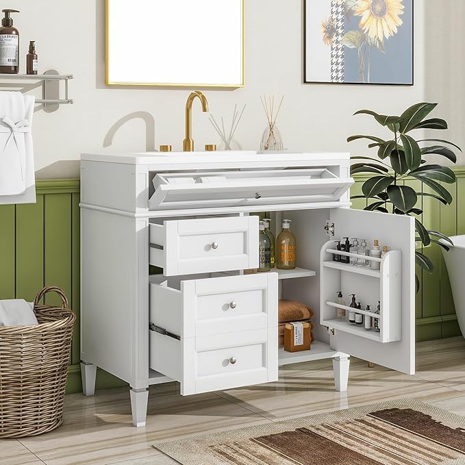 Merax 36 Inch Bathroom Vanity with Top Sink, Modern Bathroom Storage Cabinet with 2 Drawers and a Tip-Out Drawer, Solid Wood Frame Single Sink Bath Vanities, White