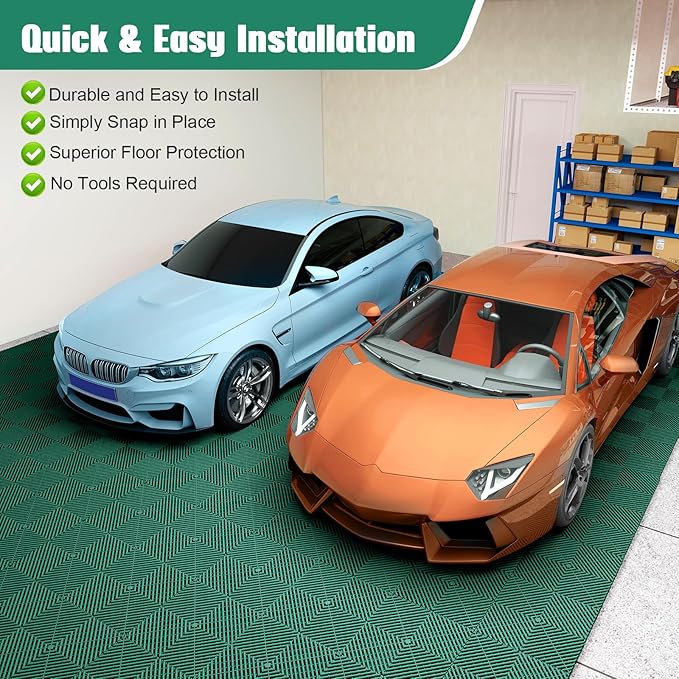 12-Pcs Interlocking Tile, 12" x 12" Indoor/Outdoor Self-Drainage Interlocking Floor Tiles, Non-Slip Heavy-Duty Polypropylene Splicing Flooring Tile for Garage Patio Pool Bathroom, Green