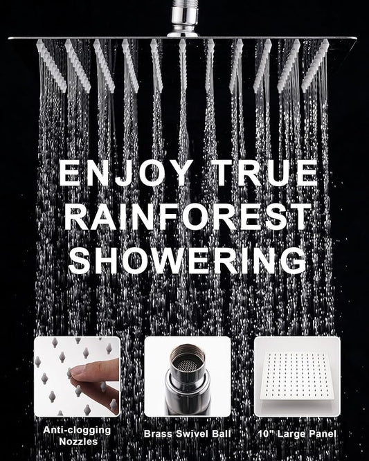 10" Rainfall Shower Head with Handheld Combo, High Pressure Dual Showerhead with Square Rain& Magnetic Hand Sprayer, 15" Adjustable Metal Extension Arm (Chrome)