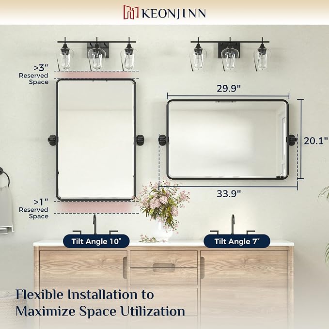 Keonjinn 20x30 Inch Black Povit Mirror for Bathroom, Tilt Mirror, Beveled | Tenmpered Glass, Rectangle, Adjustable Bathroom Mirrors for Over Sink, Farmhouse, Metal Framed, Horizontal/Vertical
