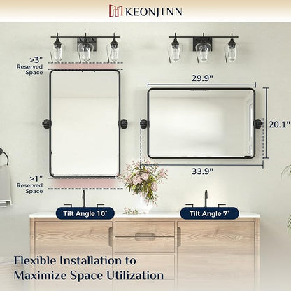 Keonjinn 20x30 Inch Black Povit Mirror for Bathroom, Tilt Mirror, Beveled | Tenmpered Glass, Rectangle, Adjustable Bathroom Mirrors for Over Sink, Farmhouse, Metal Framed, Horizontal/Vertical