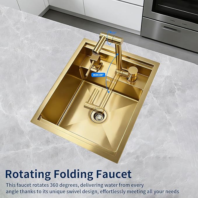 Gold Bar Sink, 17.32×14.17×7.87 Inch Small Portable Utility Single Bowl Outdoor Camper RV Kitchen Sink with Foldable Faucet and Cover Plate