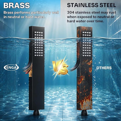 ENGA Square Matte Black Solid Brass Eco-Performance Hand Held Shower Head with Wall Connector and Hose Wall Mount Handheld Showerheads Set