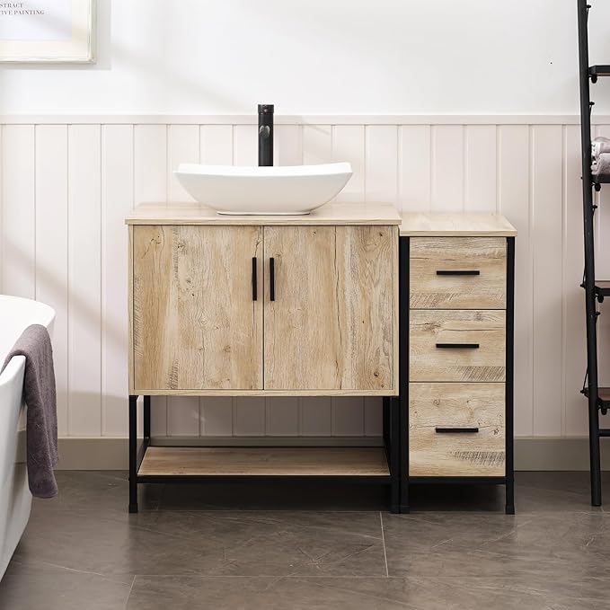 UEV 42" Rustic Oak Bathroom Vanity with Sink Combo,Industrial Iron Frame Bathroom Cabinet Sets with 3 Drawers Side Cabinet,Modern Artistic Ceramic Vessel Sink(032WH)
