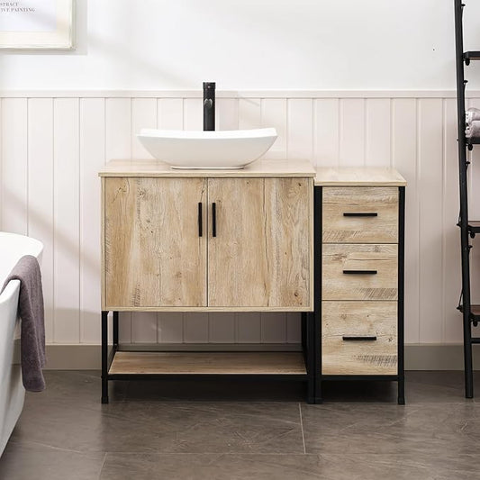 UEV 42" Rustic Oak Bathroom Vanity with Sink Combo,Industrial Iron Frame Bathroom Cabinet Sets with 3 Drawers Side Cabinet,Modern Artistic Ceramic Vessel Sink(032WH)