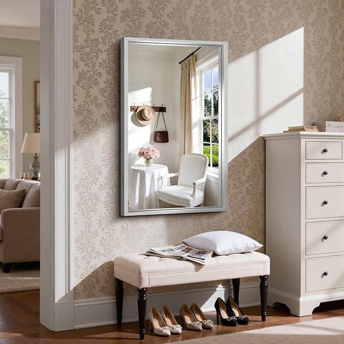 CIRCUMI 24"x40" Brushed Silver Bathroom Mirror, Rectangular Vanity Mirror | Chunky Box Metal Frame, Shatterproof, Tempered Glass, Bathroom Remodel&New Home,Wall Mirror for Over Sink,Living Room,Hallway