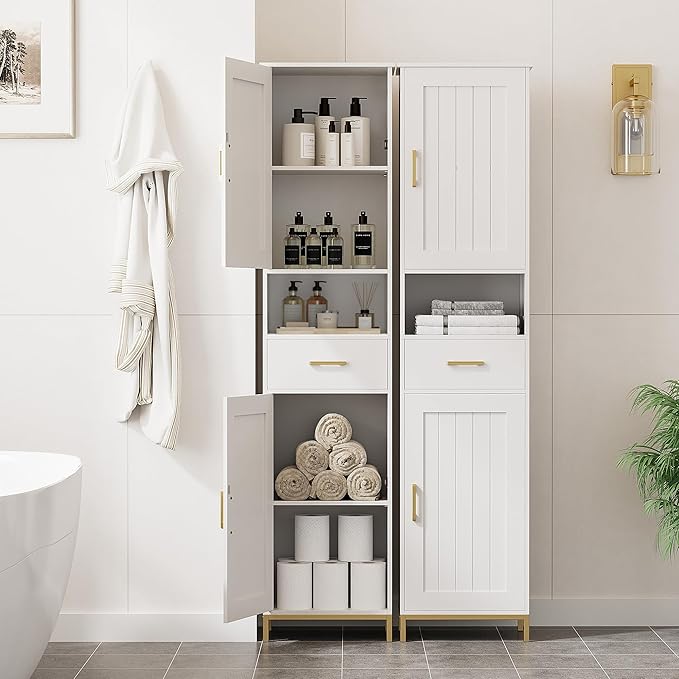 Homhedy 67" H Bathroom Storage Cabinet, Tall Bathroom Cabinet, White | Narrow Cabinet with Doors and Drawer, Adjustable Shelves, Floor Cabinet for Bathroom, Living Room, Kitchen, Dining Room
