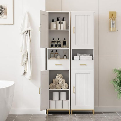 Homhedy 67" H Bathroom Storage Cabinet, Tall Bathroom Cabinet, White | Narrow Cabinet with Doors and Drawer, Adjustable Shelves, Floor Cabinet for Bathroom, Living Room, Kitchen, Dining Room