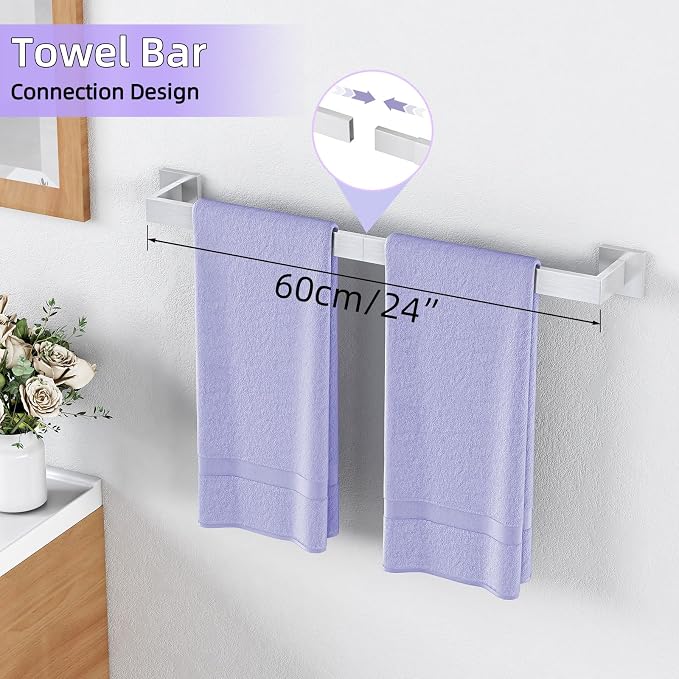 5-Pieces Bathroom Hardware Accessories Set, 24 Inch Stainless Steel Towel Racks for Bathroom, Towel Bar Set Towel Ring Coat Hook and Toilet Paper Holder with Shelf Wall Mounted, Brushed Silver