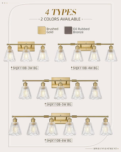 HWH INVESTMENT Bathroom Light Fixtures, 6-Light Brushed Gold Vanity Lights for Bathroom with Clear Floral Glass Shade, 41 inch Bathroom Vanity Lights Over Mirror for Bedroom, 5HJX110B-6W BG
