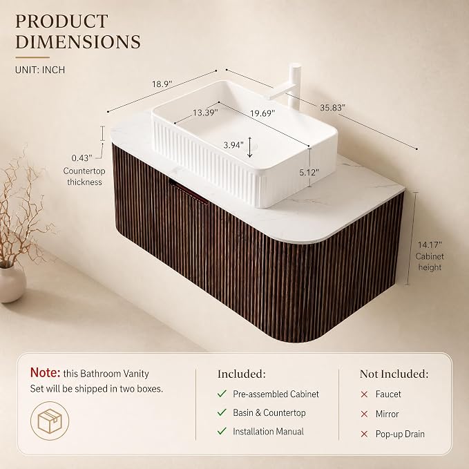 30 Inch Bathroom Vanity with Sink, Floating Wall Mounted Single Sink Vanity, Dark Walnut Curved Fluted Front, Stone Top, White Textured Rectangular Vessel Basin, Pre-Assembled