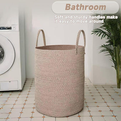 JMvicyroam 60L Cotton Rope Laundry Basket Hamper, Oatmeal | Collapsible laundry basket, reinforced handles, freestanding, machine washable, holds 3-5 thick blankets, clothes or toys