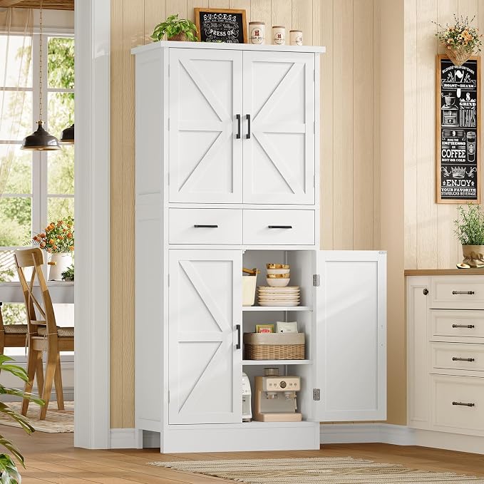 Farmhouse Pantry Cabinet, 66.9″H Tall Kitchen Storage Cabinet with Barn Doors, Adjustable Shelves & Drawer, Freestanding Cupboard for Kitchen, Dining Room, Living Room, Bathroom, White
